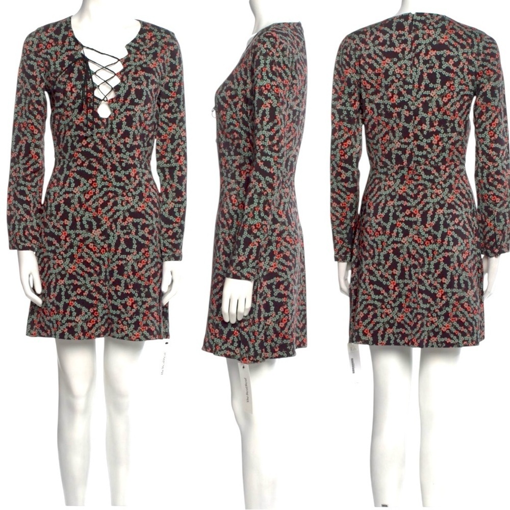Saloni Nurul Floral Print lace-up V neck Long Sleeve Bodycon Mini Dress Size 6 - Picture 11 of 13